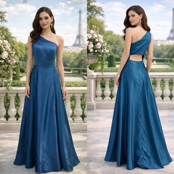 Unbranded Dresses & Skirts - Blue Satin One Shoulder Maxi Gown Open Back Cutout Formal 8 Elegant‎ Bridesmaid